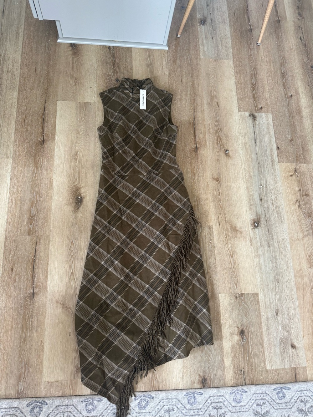 COMMENSE Olive Plaid Fringe Sleeveless Cotton Maxi Dress NWT size medium - Picture 6 of 7